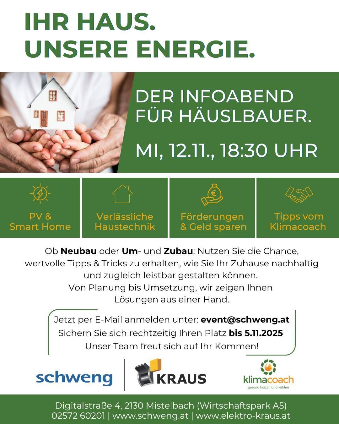 Poster for a house-building information event. It features a house model, tips on smart homes, building technology, funding, and climate coaching. The event is on November 12, 2025, at 6:30 PM. Email event@schweg.at for registration.