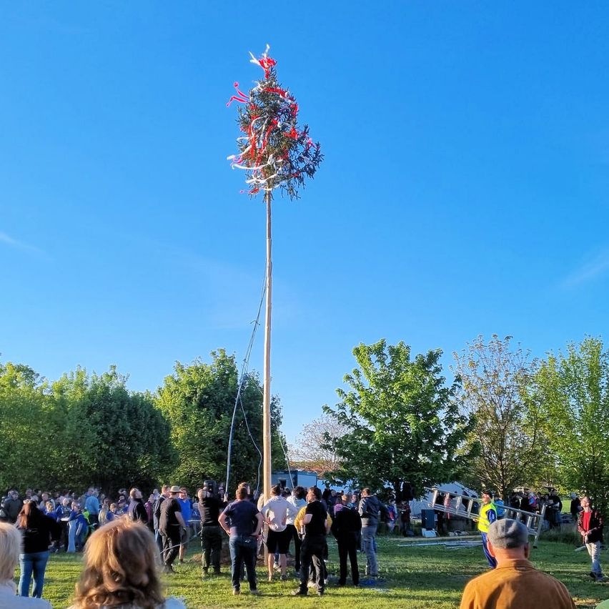 Eine Gruppe von Menschen versammelt sich um einen hohen Pfahl mit roten und weißen Bändern, wahrscheinlich an einer Gemeindeveranstaltung teilnehmend. Bäume und ein klarer blauer Himmel sind im Hintergrund sichtbar.