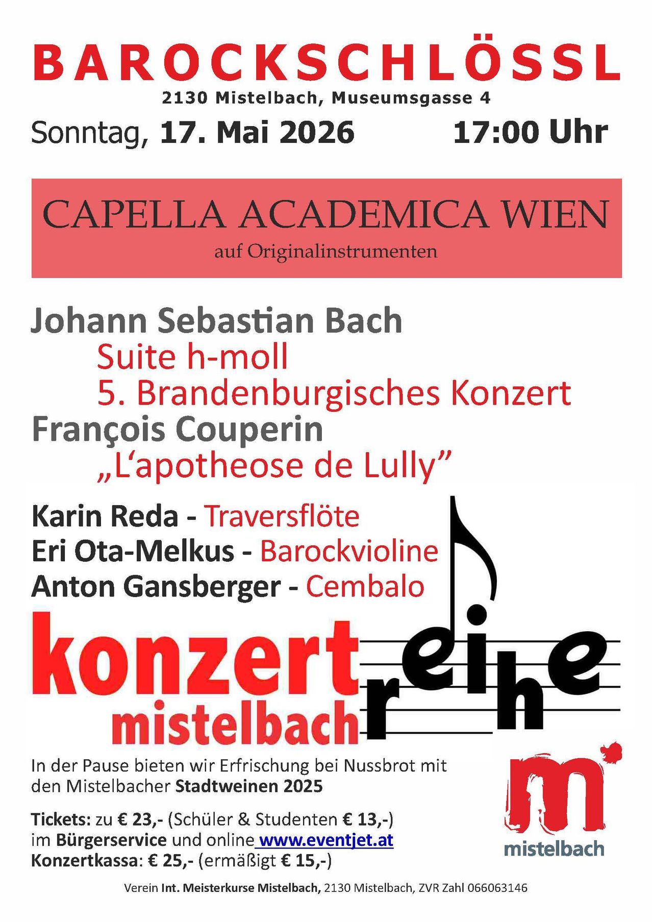 Plakat für das Konzert der Capella Academica Wien am 17. März 2020 mit Bachs Suite in H-Moll und Couperins L'apotheose de Lully. Die Aufführung umfasst Karin Reda auf Traversflöte, Eri Ota-Melkus auf Barockvioline und Anton Gansberger auf Cembalo.