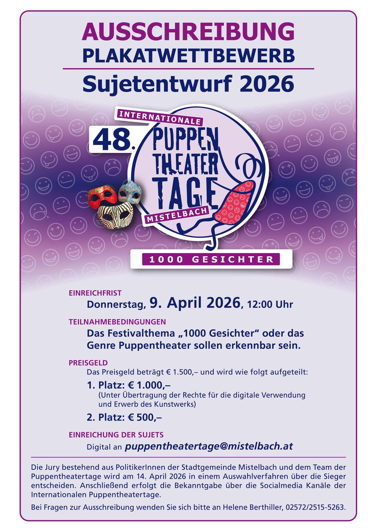 Plakat für das 48. Internationale Puppentheaterfestival in Mistelbach, Österreich, 2026. Thema: '1000 Gesichter'. Einreichungsfrist: 9. April 2026. Teilnahmegebühr: €1.500, mit Optionen für digitale Rechte und Kunstwerkkauf. Einreichung per E-Mail an puppettheatertage@mistelbach.at.