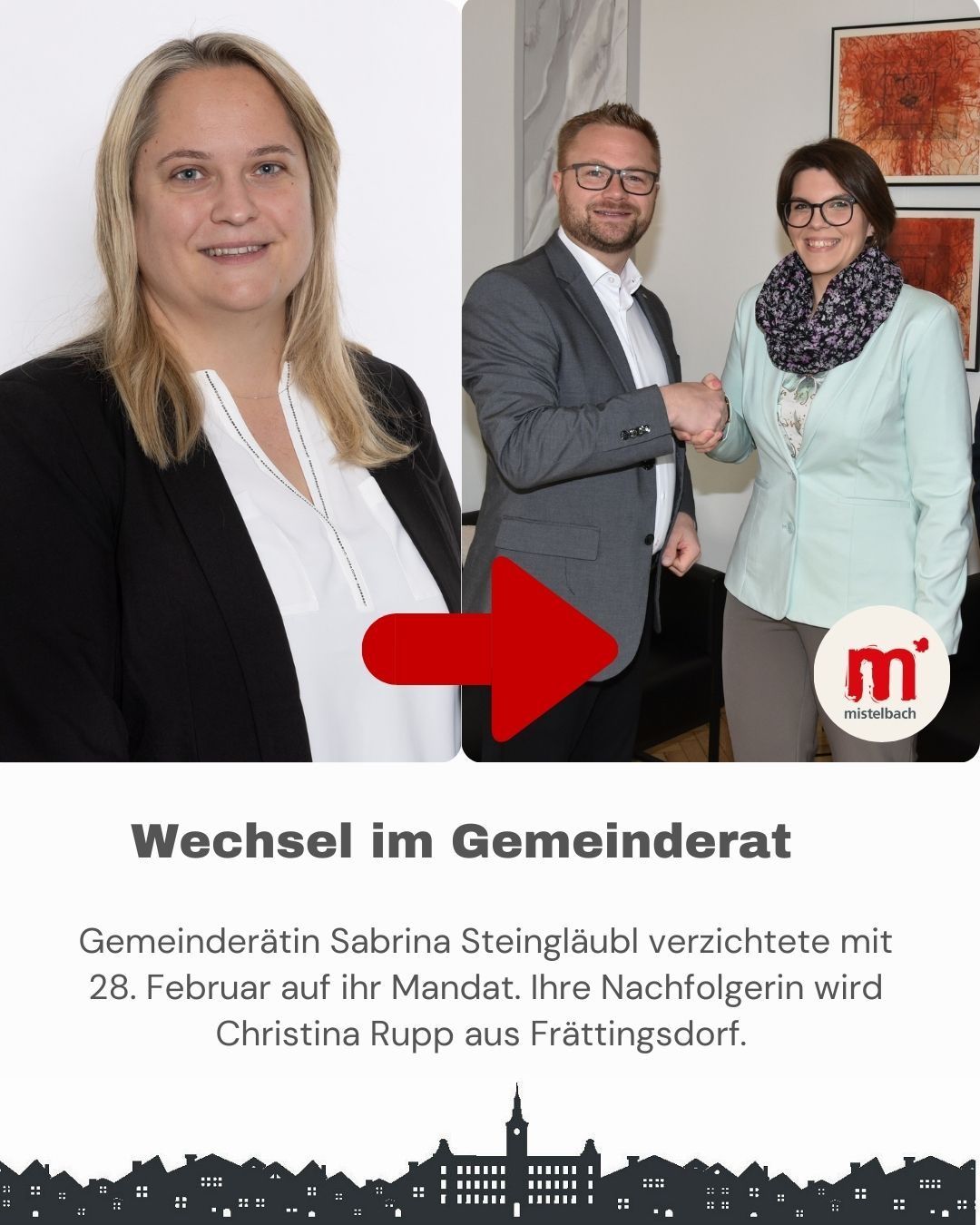 Ein Bild zeigt zwei Frauen und einen Mann. Die linke Frau lächelt, die rechte Frau gibt dem Mann die Hand. Unten ist ein roter Pfeil und Text über einen Wechsel im Gemeinderat.