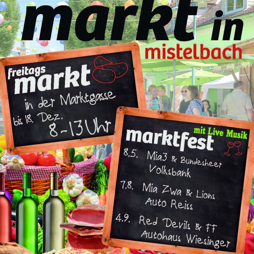 Plakat für den Mistelbacher Markt mit zwei Kreidetafeln mit Markt- und Veranstaltungsinformationen. Die erste Tafel bewirbt einen Freitagsmarkt mit Live-Musik, und die zweite listet bevorstehende Musikveranstaltungen auf.
