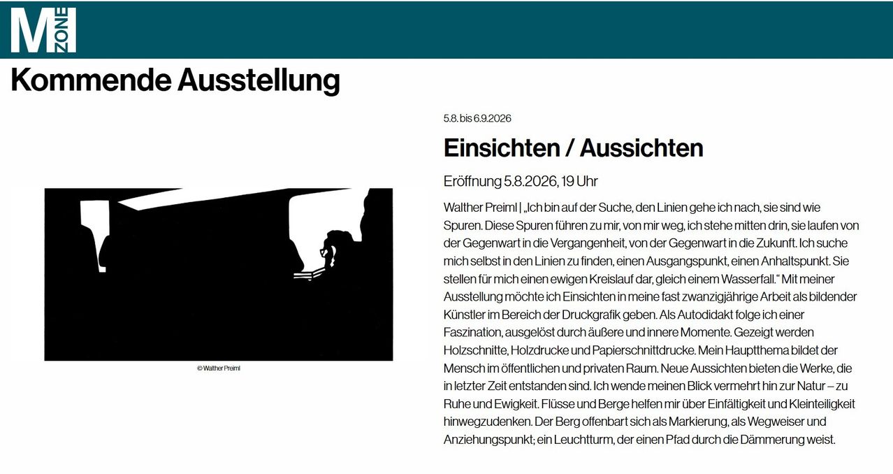Ein Schwarz-Weiß-Bild einer silhouettierten Figur mit einer Lichtquelle, die von rechts beleuchtet wird. Die Figur scheint in einer nachdenklichen Pose zu sein, möglicherweise in einem Raum mit einem Fenster. Das Bild trägt den Titel 'Ausstellung' und umfasst einen Datumsbereich von 5.8 bis 9.2026.