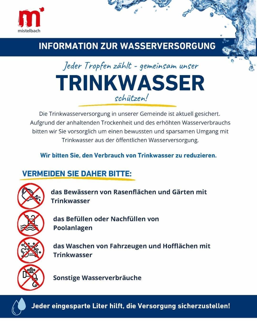Ein Plakat mit blauem und weißem Hintergrund, das ein Wassertropfensymbol und den Text 'Information zur Wasserversorgung' enthält. Es beinhaltet eine Liste von Aktivitäten, die vermieden werden sollen, wie das Bewässern von Rasenflächen und das Füllen von Pools mit Trinkwasser. Das Plakat ermutigt zur Reduzierung des Trinkwasserverbrauchs.