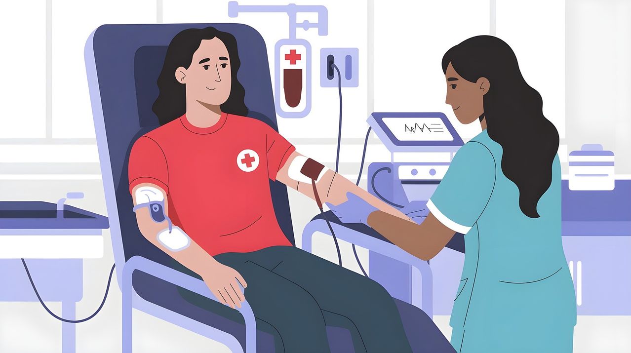 Eine Illustration einer Person, die in einem Stuhl sitzt und von einer Krankenschwester Blut abgenommen bekommt.