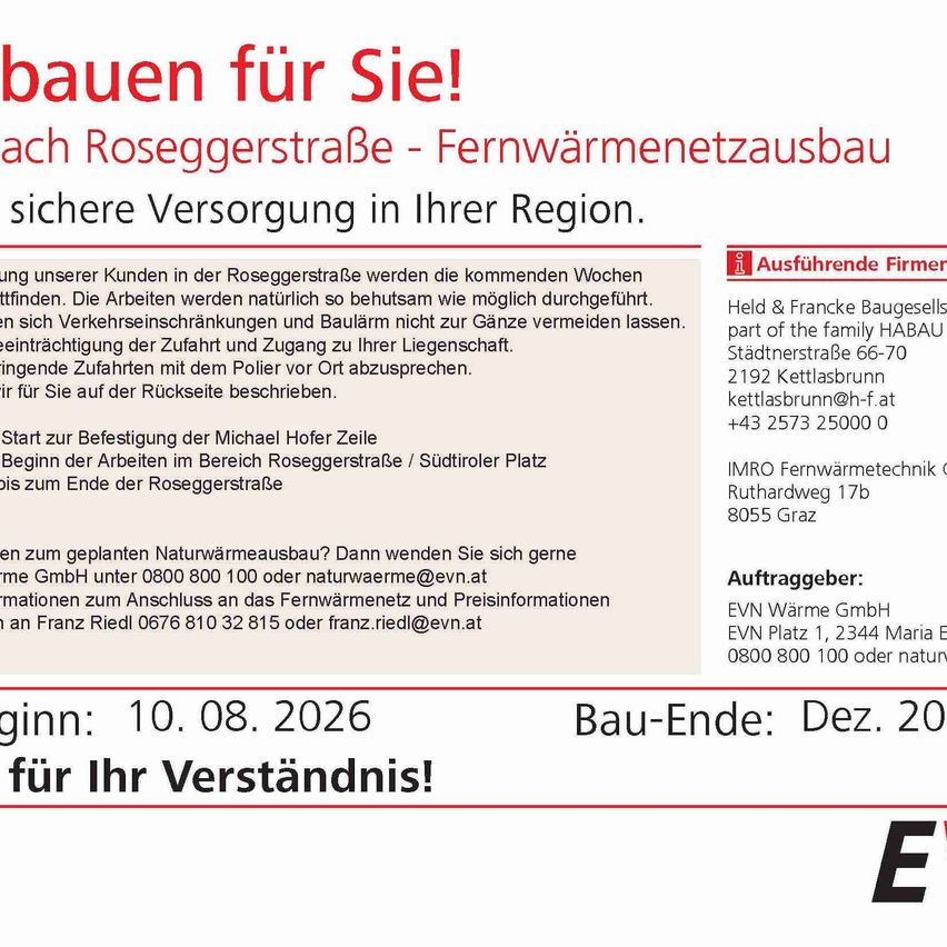 Werbung für ein Heiznetzwerk-Bauprojekt in der Roseggerstraße, das eine sichere Versorgung in der Region verspricht. Das Projekt wird von Held & Francke Baugesellschaft, einem Teil der HABA-Familie, verwaltet. Kontaktdaten und Projektzeitplan sind angegeben.