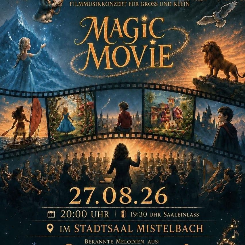 Plakat für ein Filmmusikkonzert mit verschiedenen animierten Charakteren aus beliebten Filmen, vor dem Hintergrund von Filmrollen und einer Stadtlandschaft. Das Konzert ist für den 27. August 2026 um 20:00 und 19:30 in Mistelbach geplant.