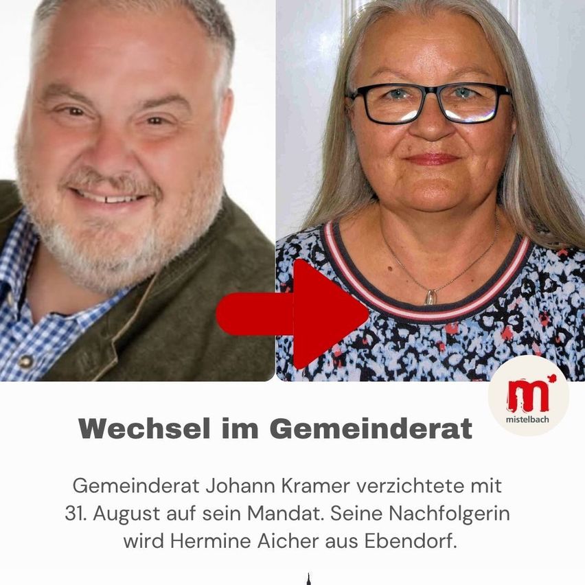 Ein Mann und eine Frau werden nebeneinander gezeigt, wobei ein roter Pfeil vom Mann zur Frau zeigt. Der Mann lächelt und die Frau trägt eine Brille und eine Halskette. Unter den Bildern steht Text auf Deutsch, der 'Wechsel im Gemeinderat' lautet.