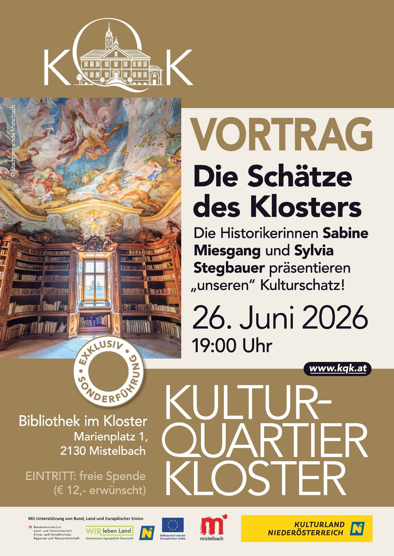 Werbeplakat für einen Vortrag im Kloster Mistelbach am 26. Juni 2026, zeigt eine Bibliothek mit hohen Bücherregalen und einem Fenster.