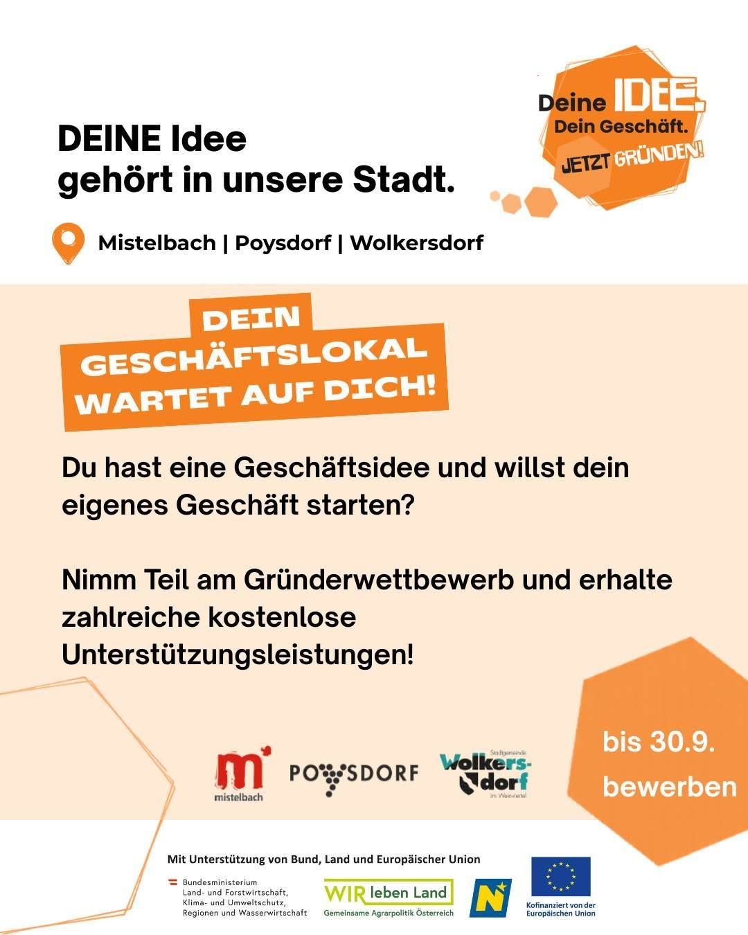 Eine Werbung für einen Gründerwettbewerb in deutschen Städten. Es lädt Personen mit Geschäftsideen ein, teilzunehmen und bietet kostenlose Unterstützungsleistungen an. Die Bewerbungsfrist endet am 30. September.