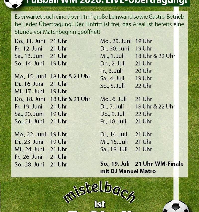Das Bild zeigt einen Zeitplan für ein Fußballevent mit mehreren Spielen über mehrere Wochen. Es enthält Daten, Uhrzeiten und einige besondere Veranstaltungen wie ein WM-Finale.