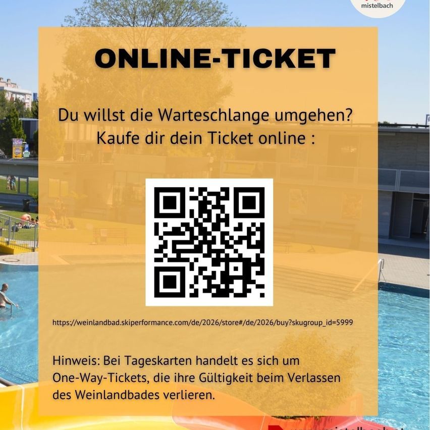 Ein Plakat bewirbt Online-Tickets für einen Wasserpark. Ein QR-Code ist vorhanden. Der Text lautet: Umgehen Sie die Warteschlange, kaufen Sie Ihr Ticket online. Hinweis: Tageskarten sind Einwegtickets, die beim Verlassen verfallen.
