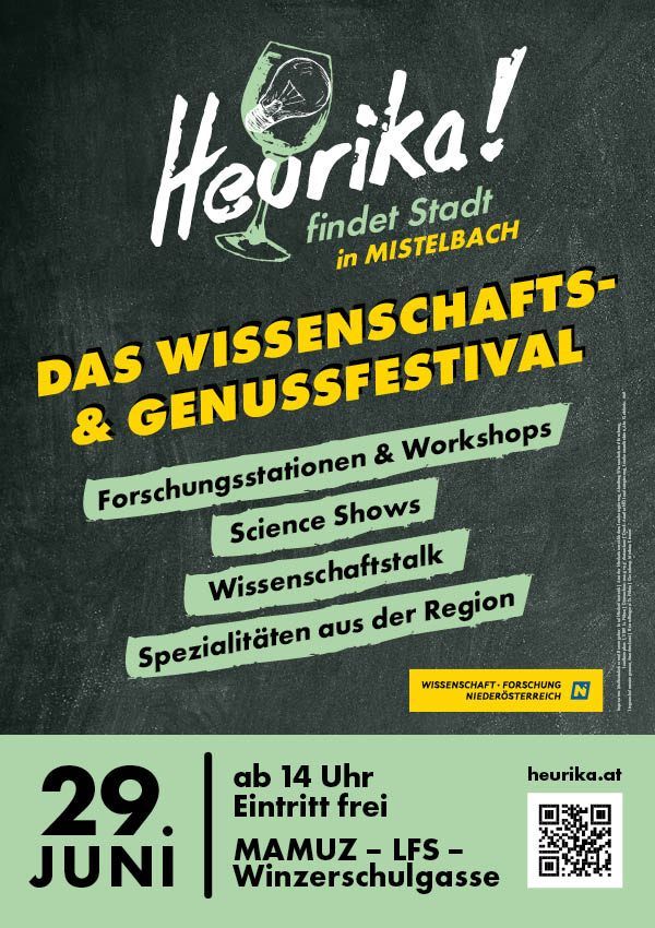 Plakat für ein Wissenschaftsfestival in Mistelbach. Es zeigt den Namen der Veranstaltung, Datum und Aktivitäten wie Forschungsstationen, Wissenschaftsshows und Workshops. QR-Code und Webseite heurika.at inklusive.