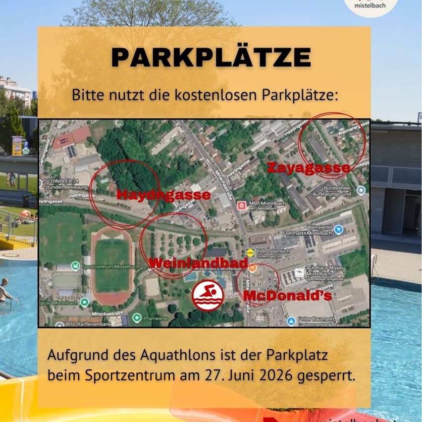 Eine Karte zeigt kostenlose Parkplätze in der Nähe eines Sportzentrums und eines McDonald's, wobei ein Schwimmbad sichtbar ist. Der Parkplatz in der Nähe des Sportzentrums ist aufgrund eines Aquathlon-Events am 27. Juni 2026 gesperrt.