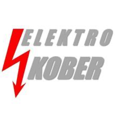 Das Bild zeigt das Logo von Elektro Kober. Es besteht aus einem stilisierten Blitz, der nach oben zeigt, mit dem Text 'Elektro Kober' in fetter, grauer Schrift.