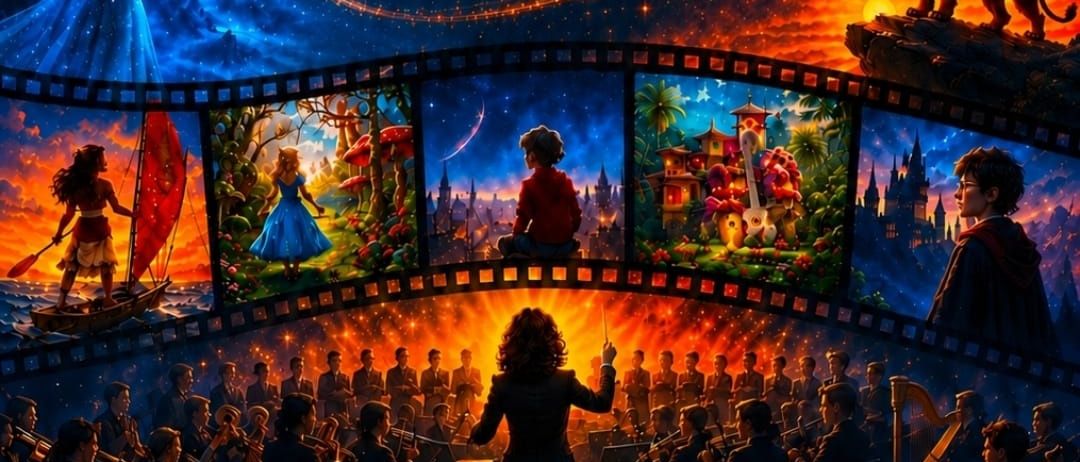 Plakat für ein Filmmusikkonzert mit verschiedenen animierten Charakteren und einem Dirigenten. Das Plakat hat ein Filmstreifen-Design mit Szenen aus verschiedenen Filmen. Das Datum und die Uhrzeit der Veranstaltung sind prominent angezeigt.