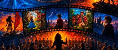 Poster for a film music concert featuring various animated characters and a conductor. The poster includes a film strip design with scenes from different movies. The date and time of the event are displayed prominently.