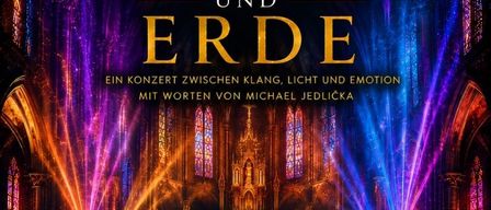 Ein Konzertplakat für 'Zwischen Himmel und Erde' zeigt eine Kathedrale mit bunten Lichtern und goldenem Text. Das Event ist am 17. Oktober 2026 um 19:30 Uhr.