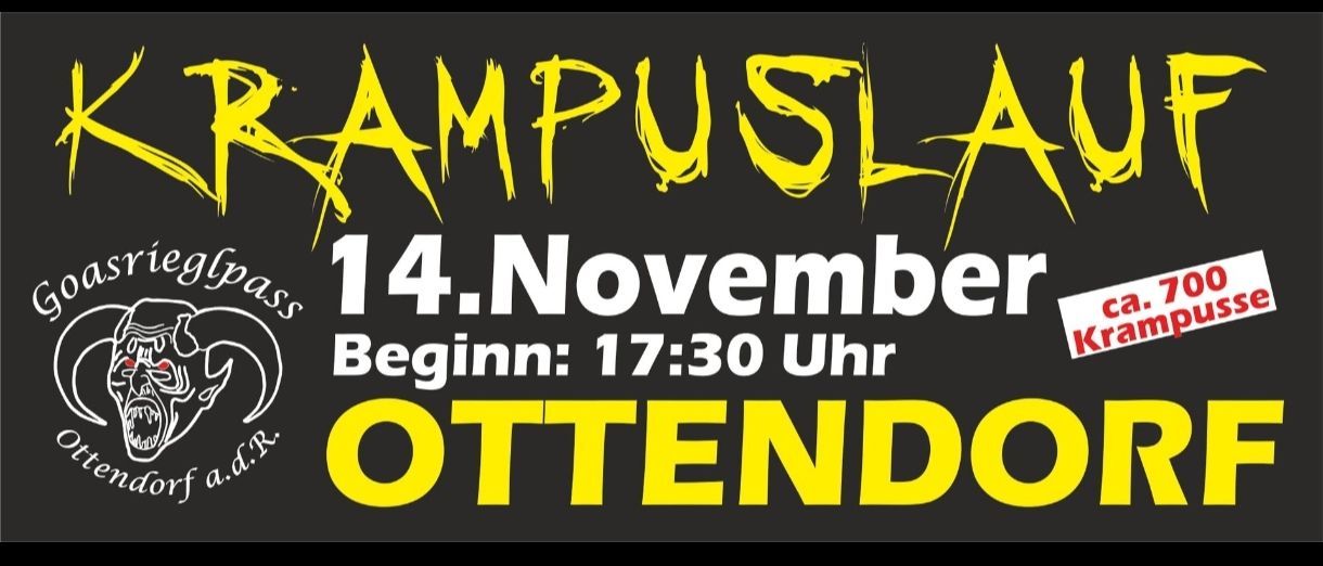 Ein Poster mit gelbem Text auf schwarzem Hintergrund. Der Text lautet 'RAMPUSLA 14. November Beginn: 17:30 Uhr OTTENDO'. Das Poster hat ein weißes Logo auf der linken Seite.