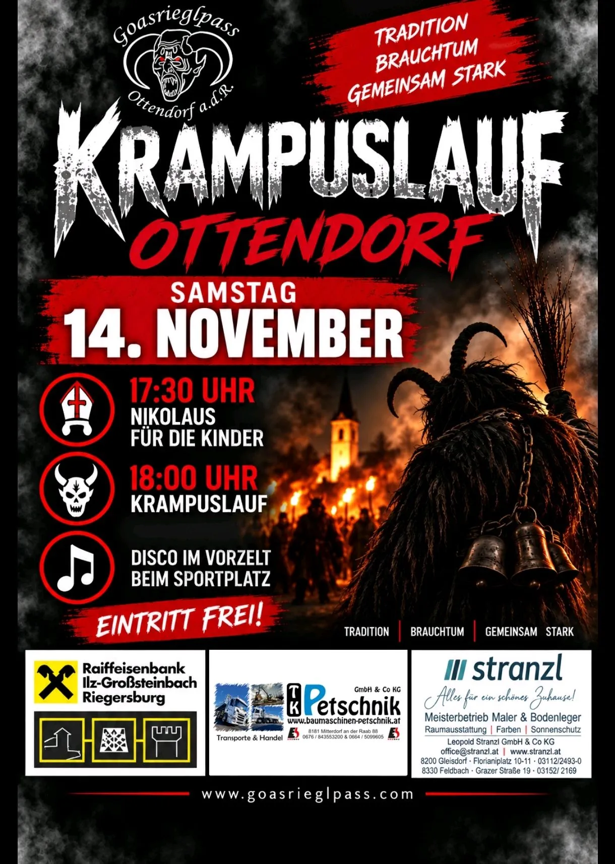 Plakat für die Krampuslauf Ottendorf Veranstaltung am 14. November mit einer gehörnten Figur, einem brennenden Hintergrund und Veranstaltungsdetails.
