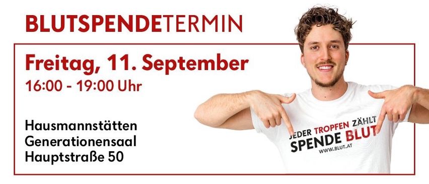 A smiling man points at a white t-shirt with the text 'Jeder Tropfen zahlt. Spende Blut'. The poster also includes the event date, time, and location.
