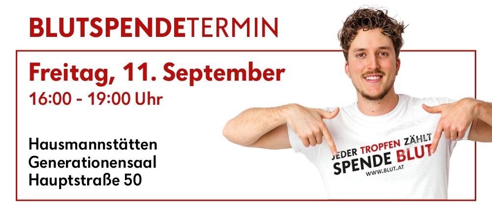 Ein lächelnder Mann zeigt auf ein weißes T-Shirt mit dem Text 'Jeder Tropfen zählt. Spende Blut'. Der Plakat enthält auch Datum, Zeit und Ort der Veranstaltung.
