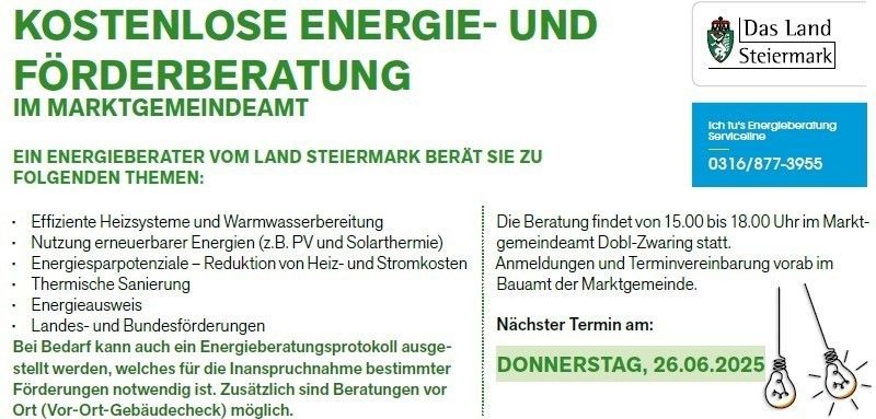 Ein Flyer über kostenlose Energie- und Förderberatung der Marktgemeinde Steiermark. Es werden Beratungsthemen, Zeiten und Kontaktdaten genannt. Der nächste Termin ist am Donnerstag, 26.06.2025.