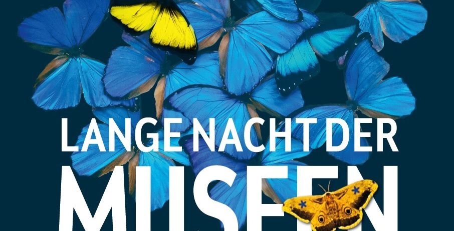 Poster für Lange Nacht der Museen. Zeigt viele blaue und eine gelbe Schmetterling. Der Text lautet Lange Nacht der Museen, Ein Ticket Hunderte Museen.