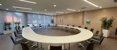 A large oval conference table surrounded by chairs and potted plants is in a modern meeting room with large windows and white walls.