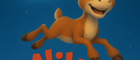 Animiertes Poster für 'Niko' mit springendem Rentier, Santa auf Schlitten mit Rentieren, Vollmond und Sternenhimmel.