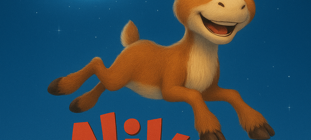 Animiertes Poster für 'Niko' mit springendem Rentier, Santa auf Schlitten mit Rentieren, Vollmond und Sternenhimmel.