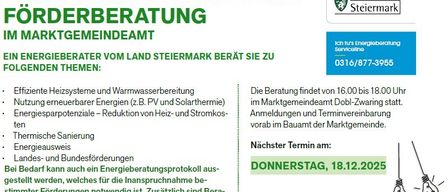 Ein Flyer für kostenlose Energie- und Beratungsdienste vom Land Steiermark. Es erwähnt effiziente Heizsysteme, Nutzung erneuerbarer Energien, Energieeinsparungen und staatliche Förderungen. Die Beratung ist für den 18. Dezember 2025 angesetzt.