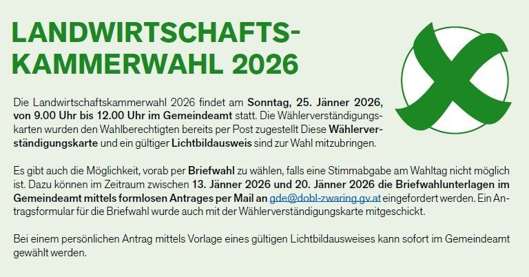 Die Landwirtschaftskammerwahl 2026 findet am Sonntag, 25. Jänner 2026, von 9.00 Uhr bis 12.00 Uhr im Gemeindeamt statt. Die Wählerverständniskarten wurden den Wahlberechtigten per Post zugestellt. Diese Wählerverständniskarten und ein gültiger Lichtbildausweis sind zur Wahl mitzubringen.