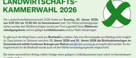 The agricultural chamber election 2026 will take place on Sunday, January 25, 2026, from 9:00 AM to 12:00 PM at the town hall. Voting cards were sent to the eligible voters by post. These voting cards and a valid ID are needed to vote.