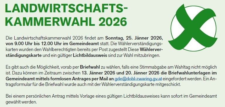 Die Landwirtschaftskammerwahl 2026 findet am Sonntag, 25. Jänner 2026, von 9.00 Uhr bis 12.00 Uhr im Gemeindeamt statt. Die Wählerverständniskarten wurden den Wahlberechtigten per Post zugestellt. Diese Wählerverständniskarten und ein gültiger Lichtbildausweis sind zur Wahl mitzubringen.