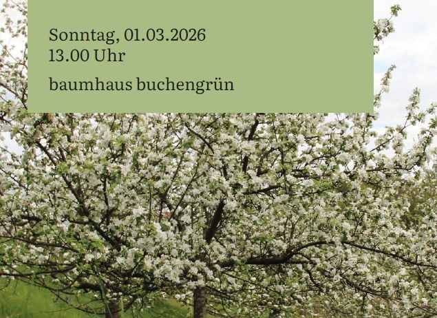 Ein Flyer für einen Winterschnittkurs für Obstbäume mit einer Exkursion nach Vogelschutzheckon am Sonntag, 01.03.2026 um 13.00 Uhr. Ort: Baumhaus Buchengrin.