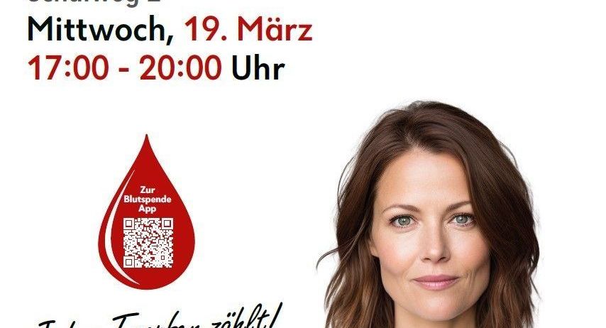 Ein Bild zeigt eine Frau in einem weißen T-Shirt, die eine Blutspende-Veranstaltung bewirbt. Der Text lautet Blutspendetermin. Die Veranstaltung findet am Mittwoch, den 19. März von 17:00 bis 20:00 Uhr im Mehrzwecksaal Dobl, Schulweg 2 statt. Ein QR-Code ist sichtbar.