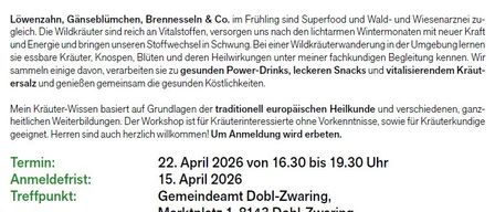 Workshop on wild plants and herbs, including foraging and processing into healthy drinks and snacks. Date: April 22, 2026, 4:30-7:30 PM. Location: Dobl-Zwaring. Led by Ilonka Benedek. Cost: €10 per person.