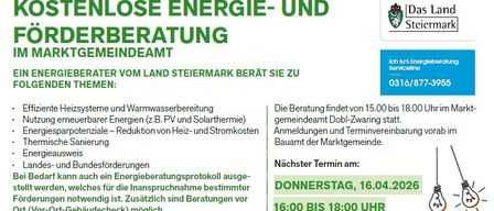 Poster with green and white text offering free energy and order consultation. It mentions efficient heating systems, warm water supply, and energy savings. Consultations are available on Thursday, April 16, 2026, from 4:00 to 6:00 PM.