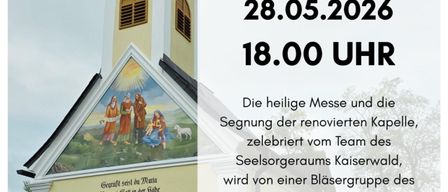 Die heilige Messe und die Segnung der renovierten Kapelle, gefeiert vom Team des Seelsorgehauses Kaiserwald, wird von einer Bläsergruppe des Musikvereins Wunderschuh feierlich umrahmt. Im Anschluss an den Wortgottesdienst wird für Euer leibliches Wohl mit Getränken und warmen Speisen gesorgt.