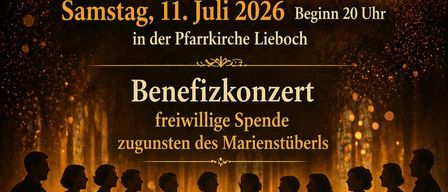 Poster for Gospel and Worship event on July 11, 2026, starting at 8 PM in Pfarrkirche Lieboch. It features a choir singing, surrounded by lit candles. The event is a benefit concert with voluntary donations for Marienstüberl.