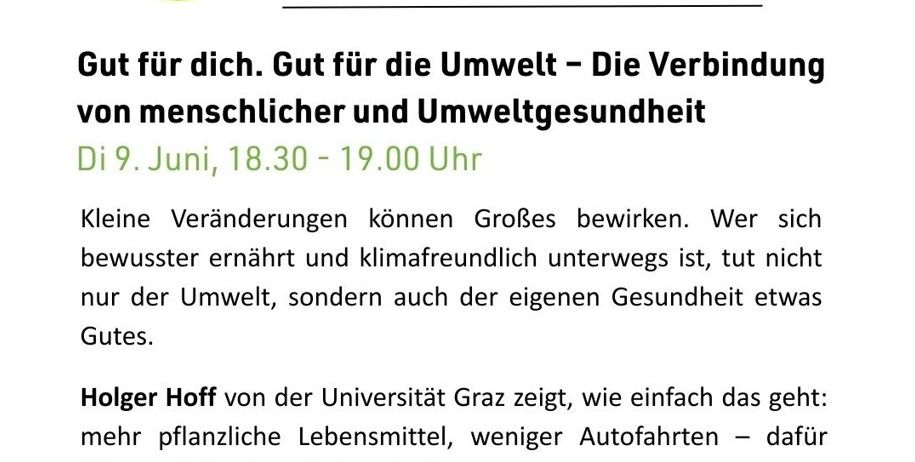 Ein Flyer für 'Gesundheit kompakt'. Eine Online-Info-Sitzung am 9. Juni, von 18:30 bis 19:00 Uhr. Diskutiert die Verbindung zwischen menschlicher und Umweltgesundheit, mit Tipps zu gesunder Ernährung und weniger Autofahren.