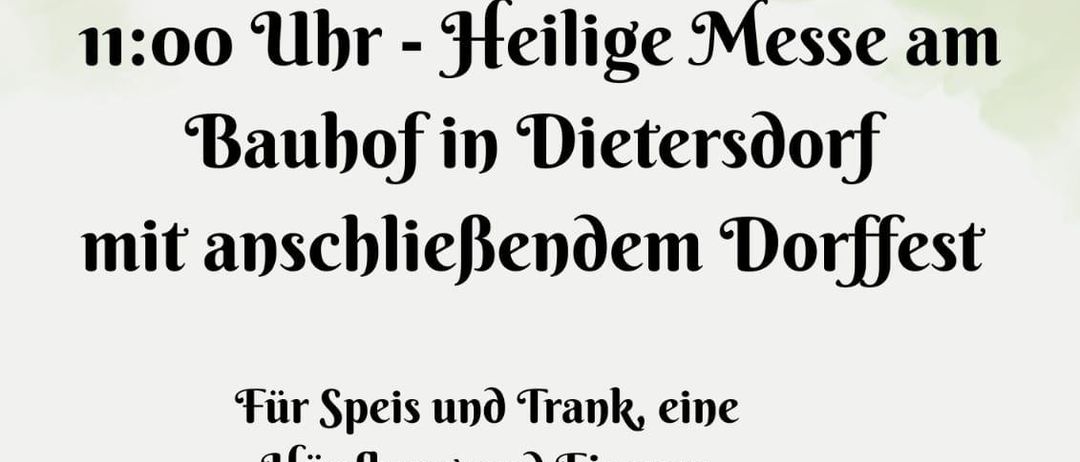 A poster for a church event on August 2, 2026, at 11:00 AM, featuring a church, a cross, and a village festival. The text is in German.