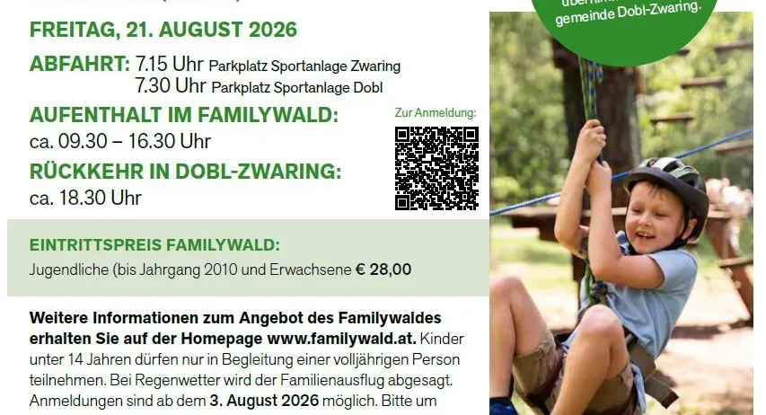 Plakat für einen Familienausflug im Familywald am Ossiacher See mit einem Kind, das eine Seilbahn erklimmt, und Informationen über Datum, Zeiten und Ticketpreise.