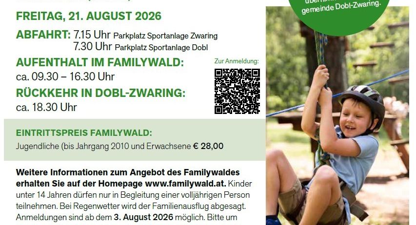 Plakat für einen Familienausflug im Familywald am Ossiacher See mit einem Kind, das eine Seilbahn erklimmt, und Informationen über Datum, Zeiten und Ticketpreise.