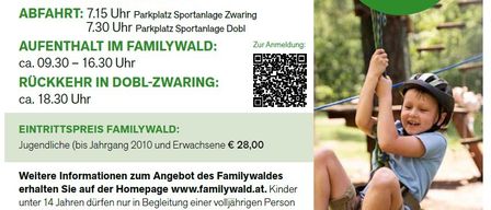 Plakat für einen Familienausflug im Familywald am Ossiacher See mit einem Kind, das eine Seilbahn erklimmt, und Informationen über Datum, Zeiten und Ticketpreise.