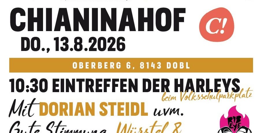 Plakat für den Harley-Davidson Charity-Tour, mit einem Motorrad-Logo, Daten und Veranstaltungsdetails. Die Veranstaltung findet am 13. August 2026 in Oberberg, Dobl, statt.
