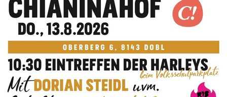 Plakat für den Harley-Davidson Charity-Tour, mit einem Motorrad-Logo, Daten und Veranstaltungsdetails. Die Veranstaltung findet am 13. August 2026 in Oberberg, Dobl, statt.