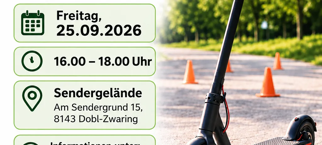 Ein Plakat für eine Fahrradsicherheitsschulung für Jugendliche und Erwachsene. Die Veranstaltung findet am Freitag, 25. September 2026, von 16:00 bis 18:00 Uhr in Sendergrund 15, 8143 Dobl-Zwaring statt. Kontaktieren Sie Elisabeth Walter unter 0699/1521 1112 für weitere Informationen.