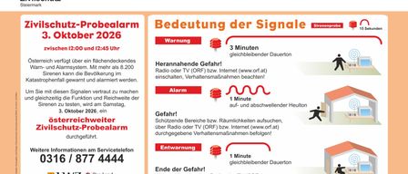 Poster for a civil protection drill in October 2026, detailing the meaning of signals, warning times, and instructions for the public. The poster includes a QR code for downloading the ZIVA app and a website link.